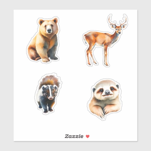 Sticker Animals Bear Deer Skunk And Sloth (Feuille)