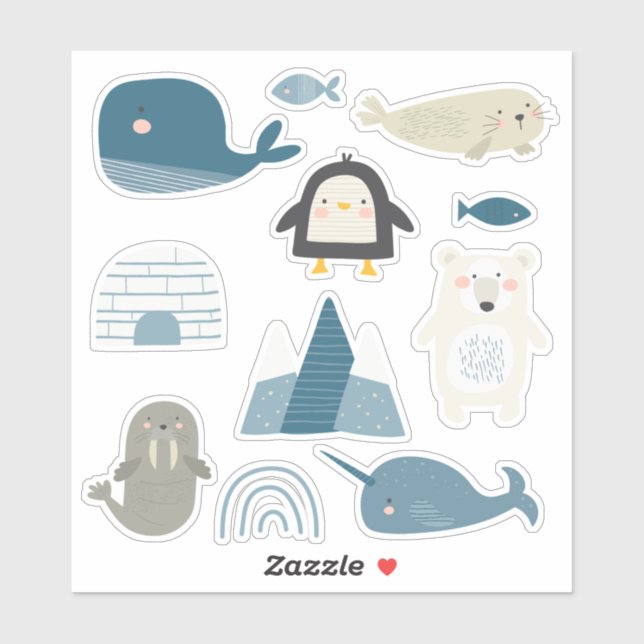 Sticker Animaux arctiques et poissons super mignons (Feuille)