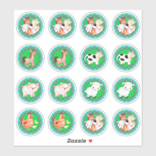 Sticker Animaux de ferme dressés en vichy bleu vert