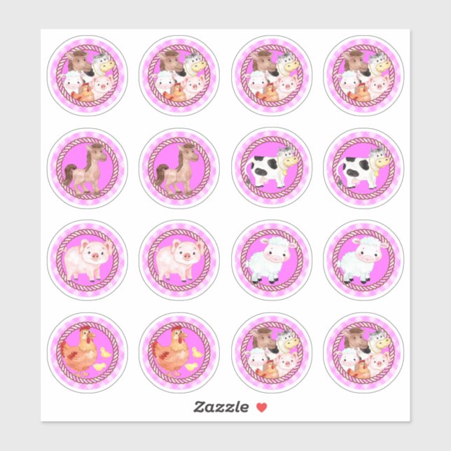 Sticker Animaux de ferme dressés en vichy rose pâle (Feuille)