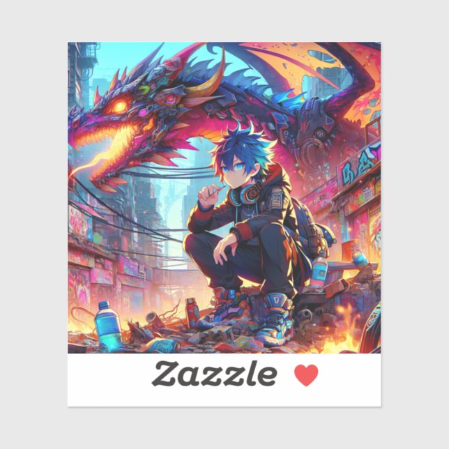 Sticker Anime Boy et Dragon dans un monde dystopique (Feuille)