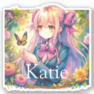 Sticker Anime Girl and Butterfly Watercolor Personnalisée
