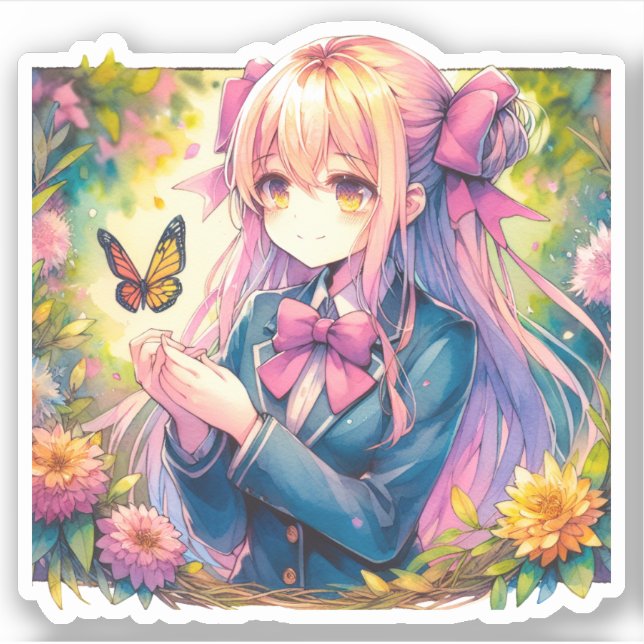 Sticker Anime Girl et papillon Ai Art (Devant)