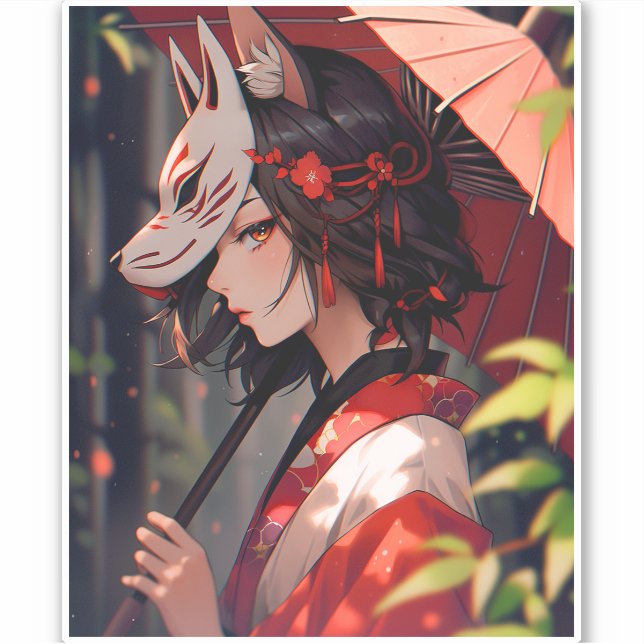 Sticker Anime Kitsune Girl Cute Fox Imaginaire Art (Devant)