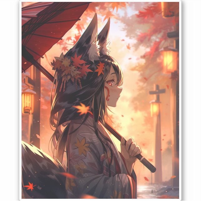 Sticker Anime Kitsune Girl Cute Fox Imaginaire Art (Devant)