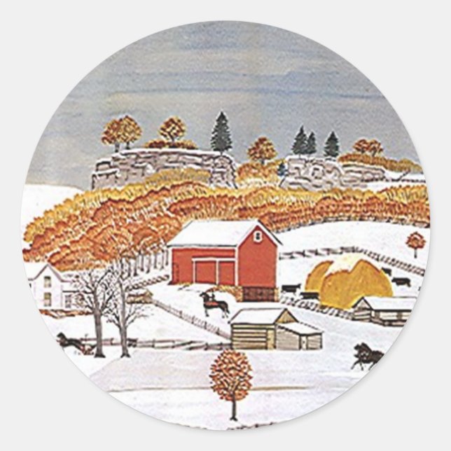 Sticker Antique Folkart Rural Farm Red Barn Winter (Front)