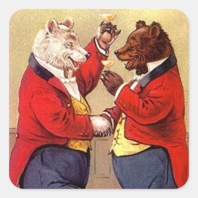 Sticker Antique Fun Anthropomorphic Bears Toasting (Front)