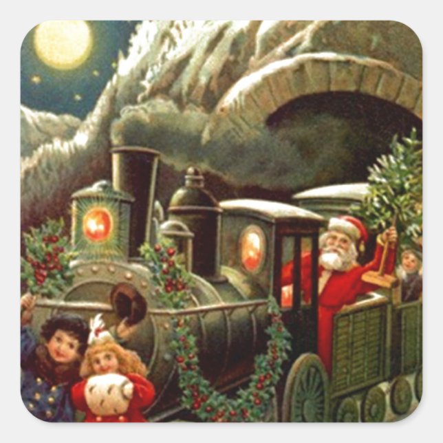 Sticker Antique Holiday Christmas Santa Train Moon (Front)