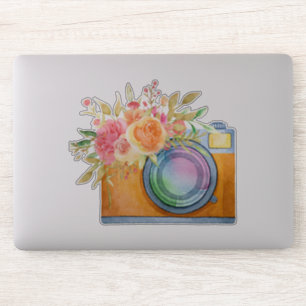 Sticker Appareil photo orange bohème et bouquet floral aqu