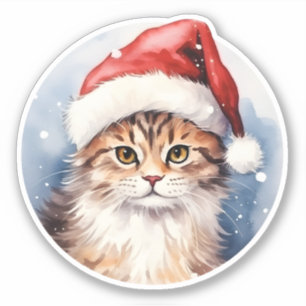 Sticker Aquarelle adorable Chat de Noël Beau Art