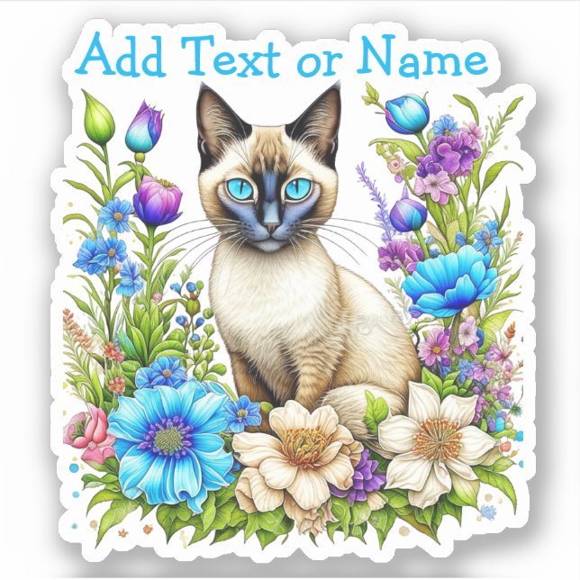 Sticker Aquarelle Ai personnalisée Chat siamois en Fleurs (Devant)