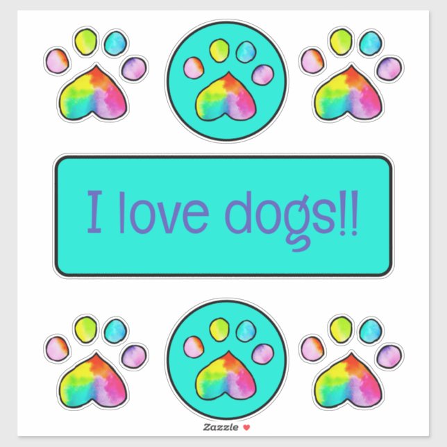 Sticker Aquarelle arc-en-ciel Empreintes de pattes "I Love (Feuille)