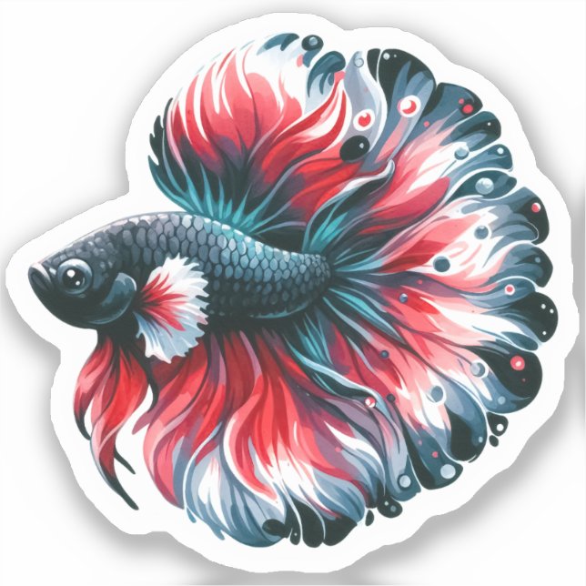 Sticker Aquarelle Betta Poisson Noir Blanc et Rouge (Recto)