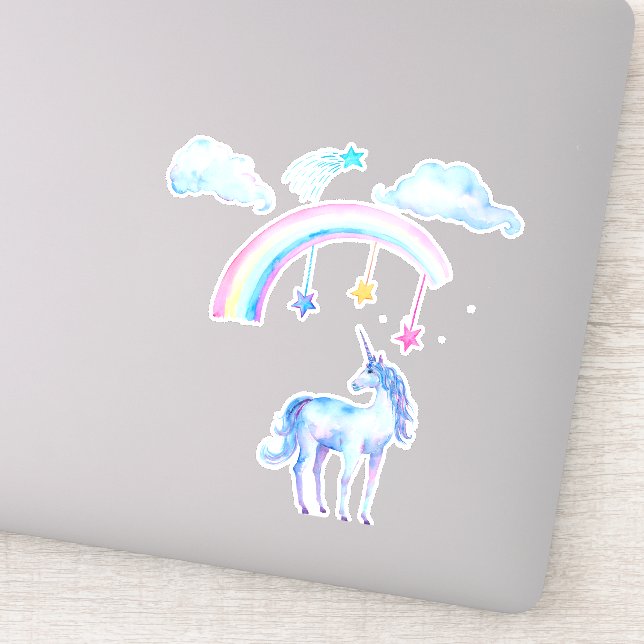 Sticker Aquarelle Bleue jolie licorne avec arc-en-ciel (Détail)