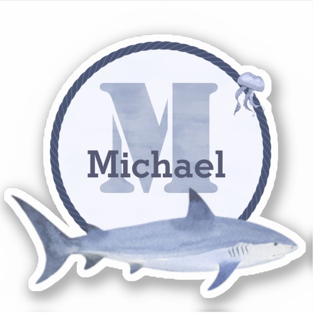 Sticker Aquarelle bleue Monogramme, nom, requin et méduse (Devant)