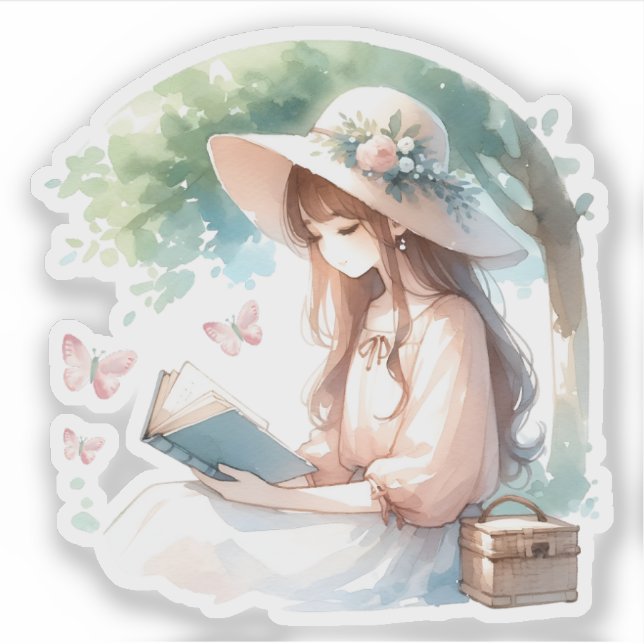 Sticker Aquarelle botanique fille Lecture livre Lover (Devant)