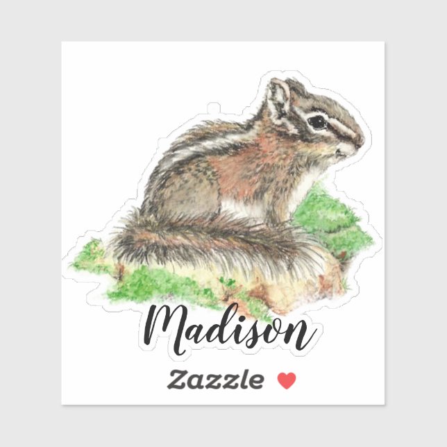 Sticker Aquarelle Chipmunk Nom personnalisé de l'animal (Feuille)