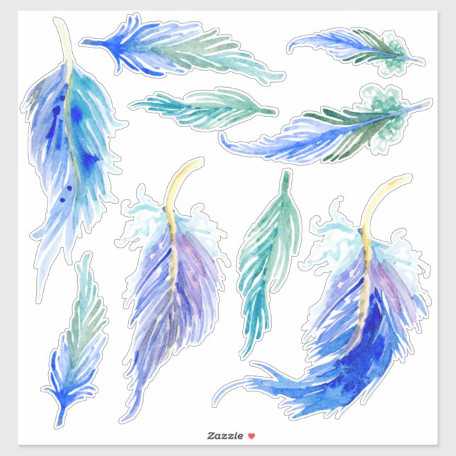 Sticker Aquarelle couleur plumes Aqua bleu violet vert (Feuille)