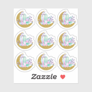 Sticker Aquarelle Crystals & Gold Sparkle Crescent Moon