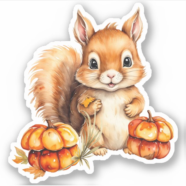 Sticker Aquarelle Cute Baby Squirrel et Little Citrouille (Devant)