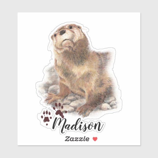 Sticker Aquarelle Cute Otter Nom personnalisé de l'animal (Feuille)