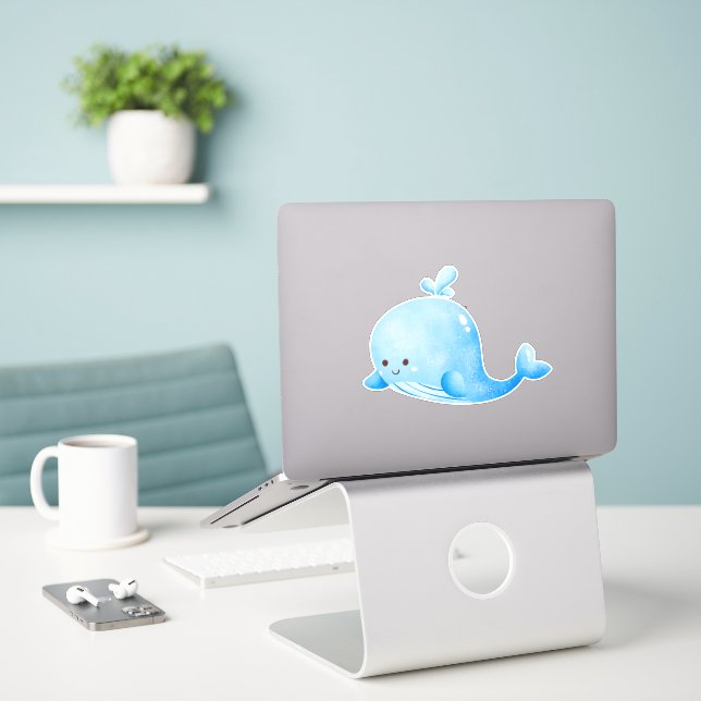 Sticker Aquarelle de baleine bleue mignonne (Ordinateur portable sur le bureau)
