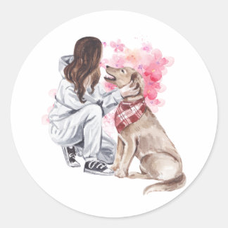 Sticker Aquarelle Fille Et Chien