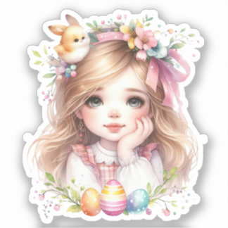 Sticker Aquarelle fille Pâques