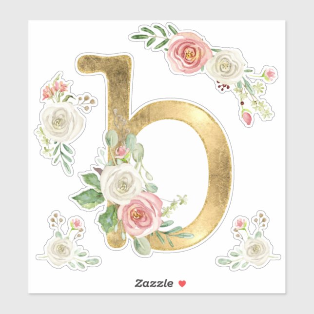 Sticker Aquarelle florale initiale B Rose à brillance mono (Feuille)