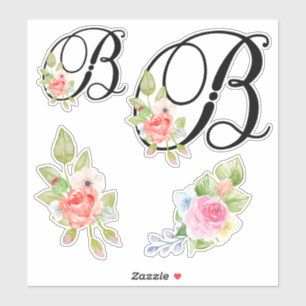 Sticker Aquarelle Florale Script Monogramme Lettre B