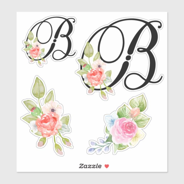 Sticker Aquarelle Florale Script Monogramme Lettre B (Feuille)