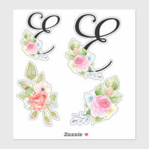 Sticker Aquarelle Florale Script Monogramme lettre E