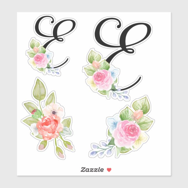 Sticker Aquarelle Florale Script Monogramme lettre E (Feuille)