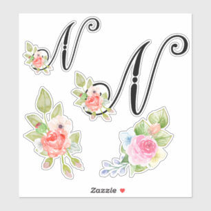 Sticker Aquarelle Florale Script Monogramme Lettre N