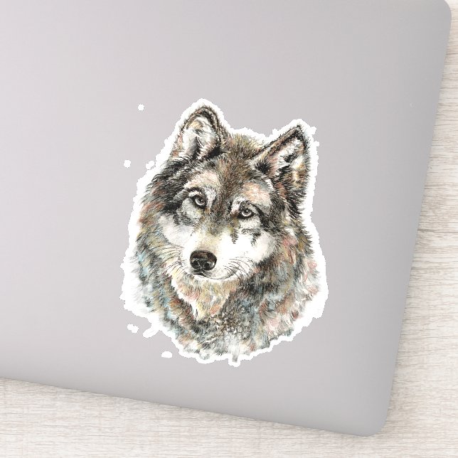 Sticker Aquarelle Gris Loup Faune Animal Nature Art (Détail)