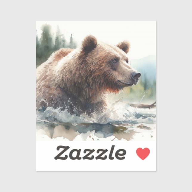 Sticker Aquarelle Grizzli Ours Faune Nature Art (Feuille)