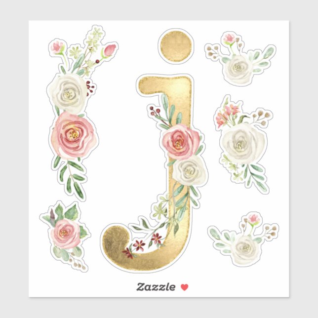Sticker Aquarelle initiale J Gold Blush White Rose Florale (Feuille)