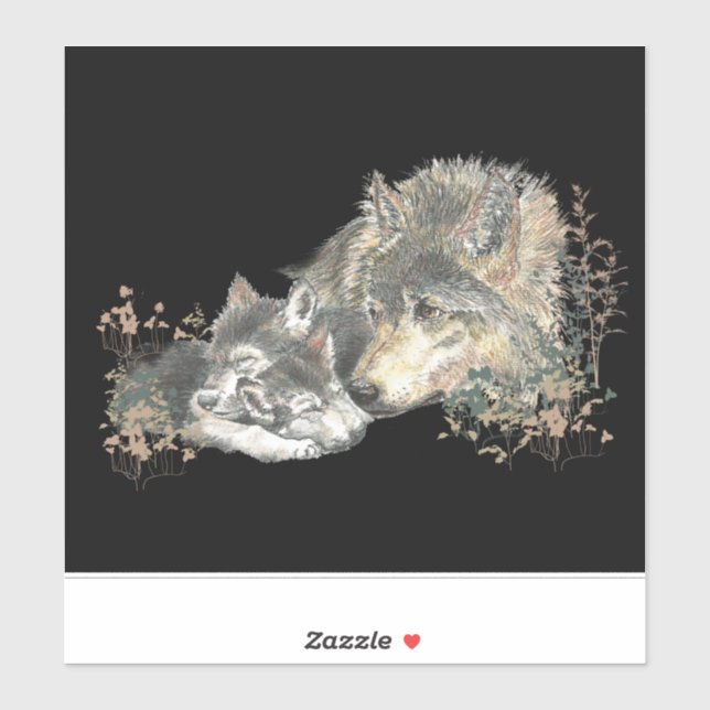 Sticker Aquarelle Loup maman ou papa avec petits (Feuille)