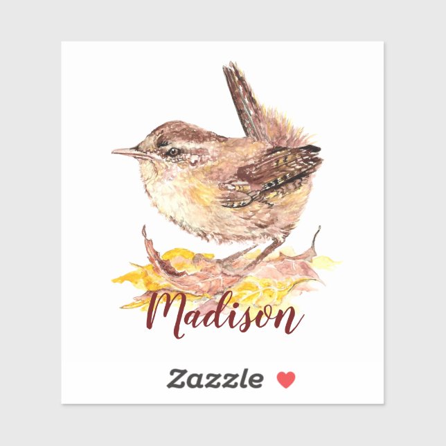 Sticker Aquarelle Maison Wren Oiseau Nature Nom personnali (Feuille)