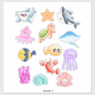 Sticker Aquarelle mignonne Créatures de la mer Poisson Poi
