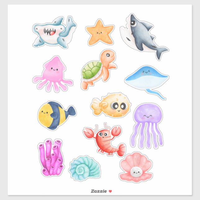 Sticker Aquarelle mignonne Créatures de la mer Poisson Poi (Feuille)