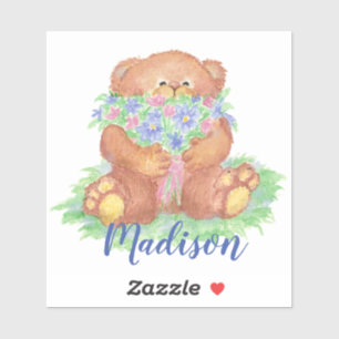 Sticker Aquarelle mignonne Ours en peluche Fleurs art Nom 