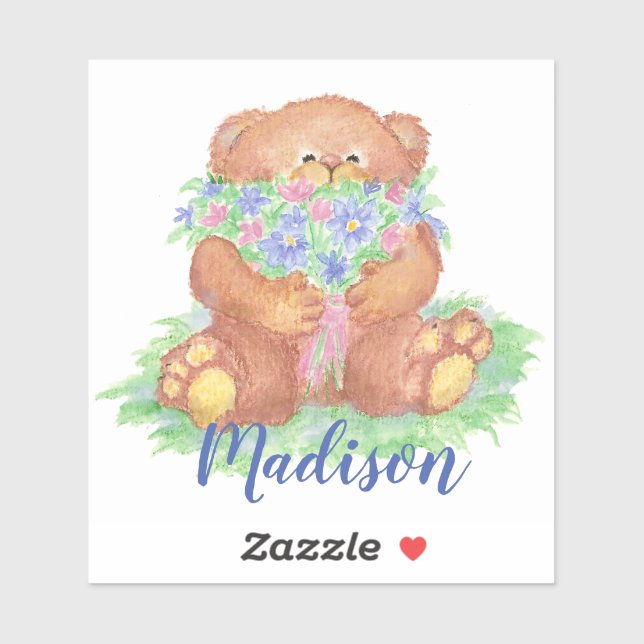 Sticker Aquarelle mignonne Ours en peluche Fleurs art Nom  (Feuille)