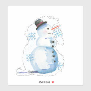 Sticker Aquarelle Mignonne Snowman Avec Flakes À Neige