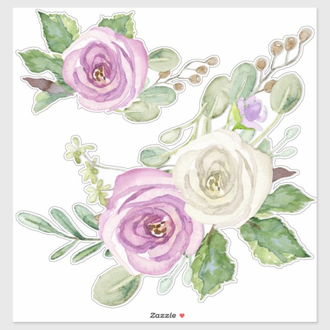 Sticker Aquarelle moderne Elégante violet Rose blanche Flo (Feuille)