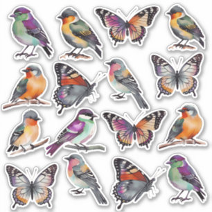 Sticker Aquarelle multicolore rustique Oiseaux et papillon