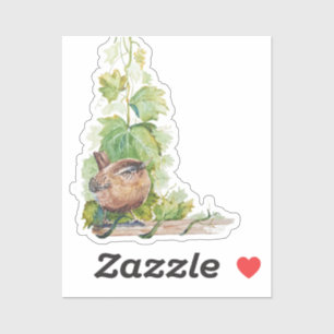 Sticker Aquarelle Oiseau Troglodyte Vigne Raisins Feuilles