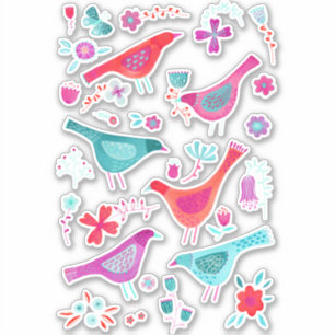 Sticker Aquarelle Oiseaux et fleurs