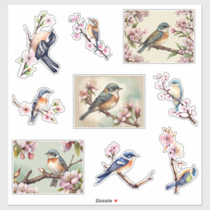 Sticker Aquarelle petits oiseaux sur la branche fleurie