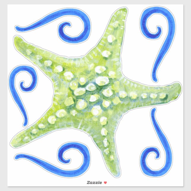 Sticker Aquarelle Plage Vague Flèches Green Starfish Art (Feuille)